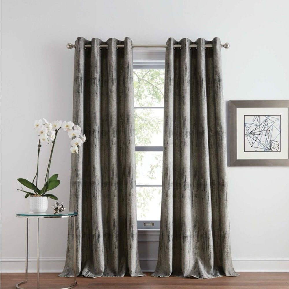 DKNY Basalt Jacquard Grommet Window Curtain Panel Pair 84” Black Ice - Picture 1 of 8